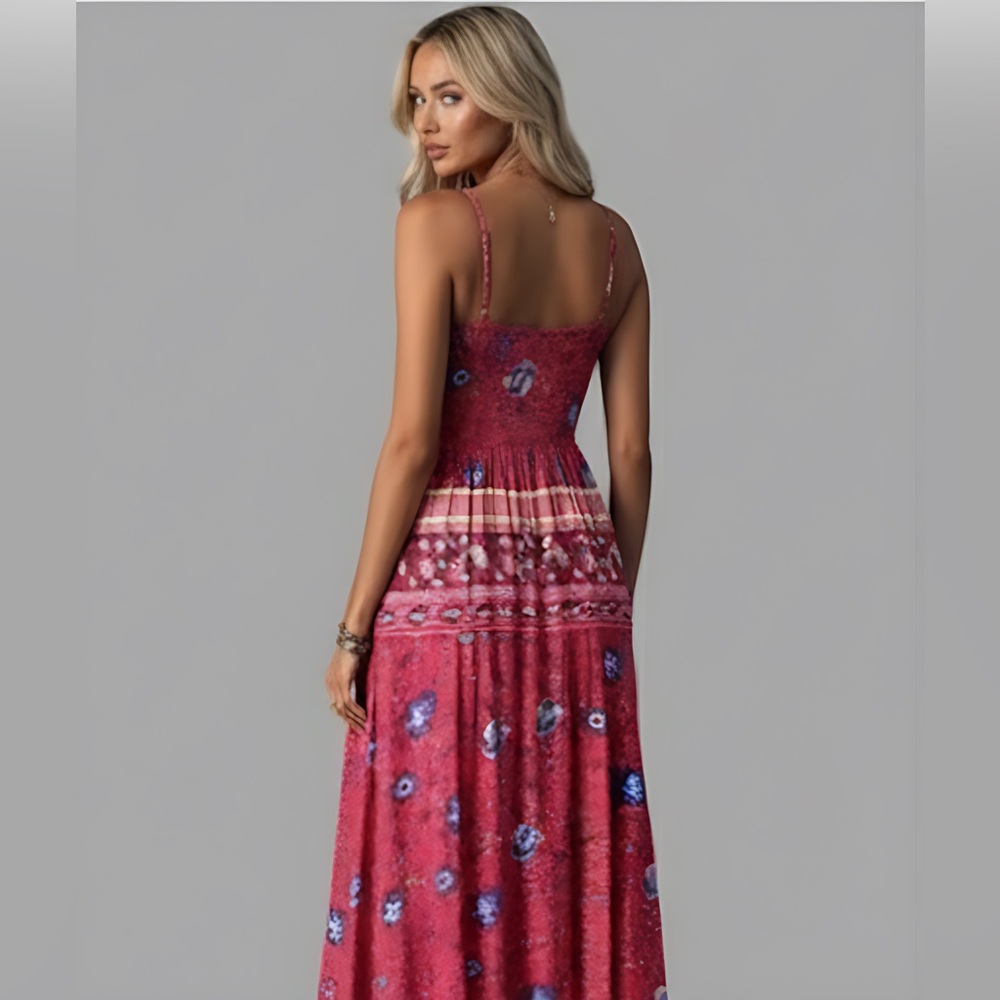 Boho Floral Print Shirred Dress Red - Picture 3 of 9